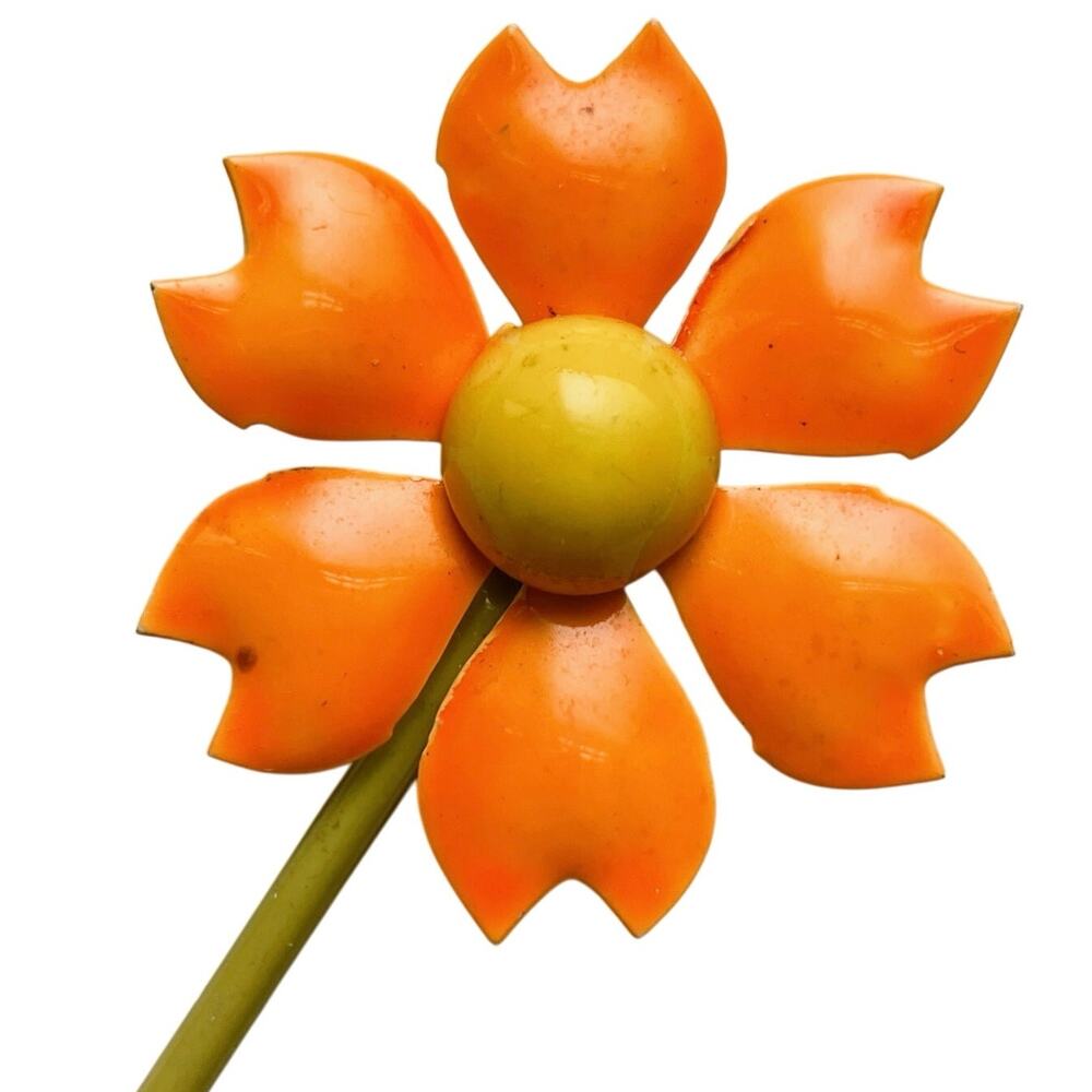 VTG 1960s Brooch Enamel Flower Orange Chartreuse Long Stem Mod Jewelry